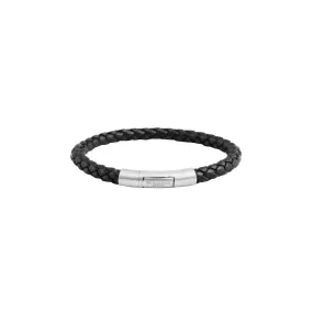 Sterling Silver Mens Braided Black Leather Bracelet