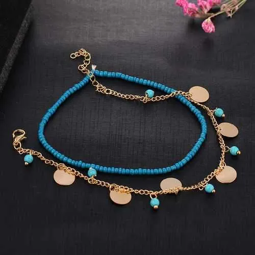 Summer Beach Multilayer Blue Bead Coin Pendant Ankle