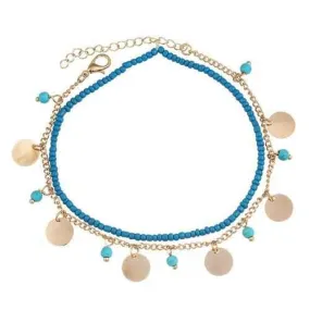 Summer Beach Multilayer Blue Bead Coin Pendant Ankle