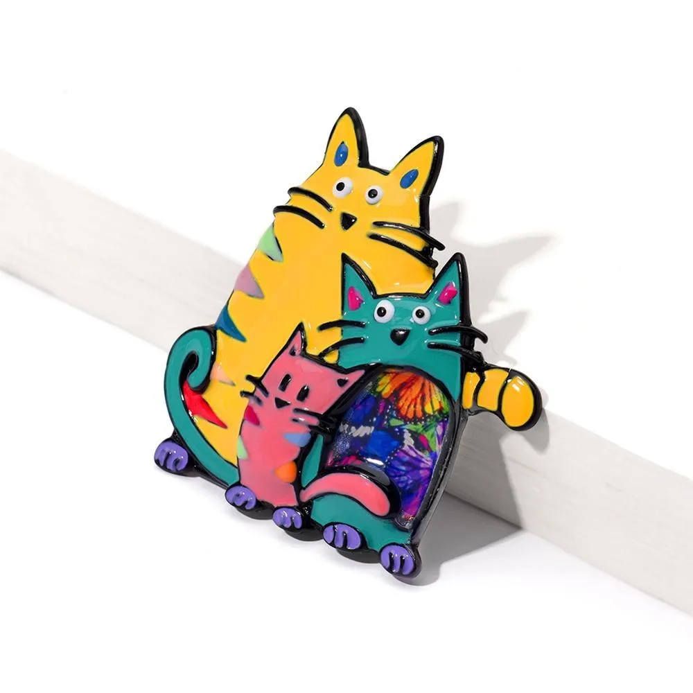 Sweet Cat Family Enamel Brooch Pins