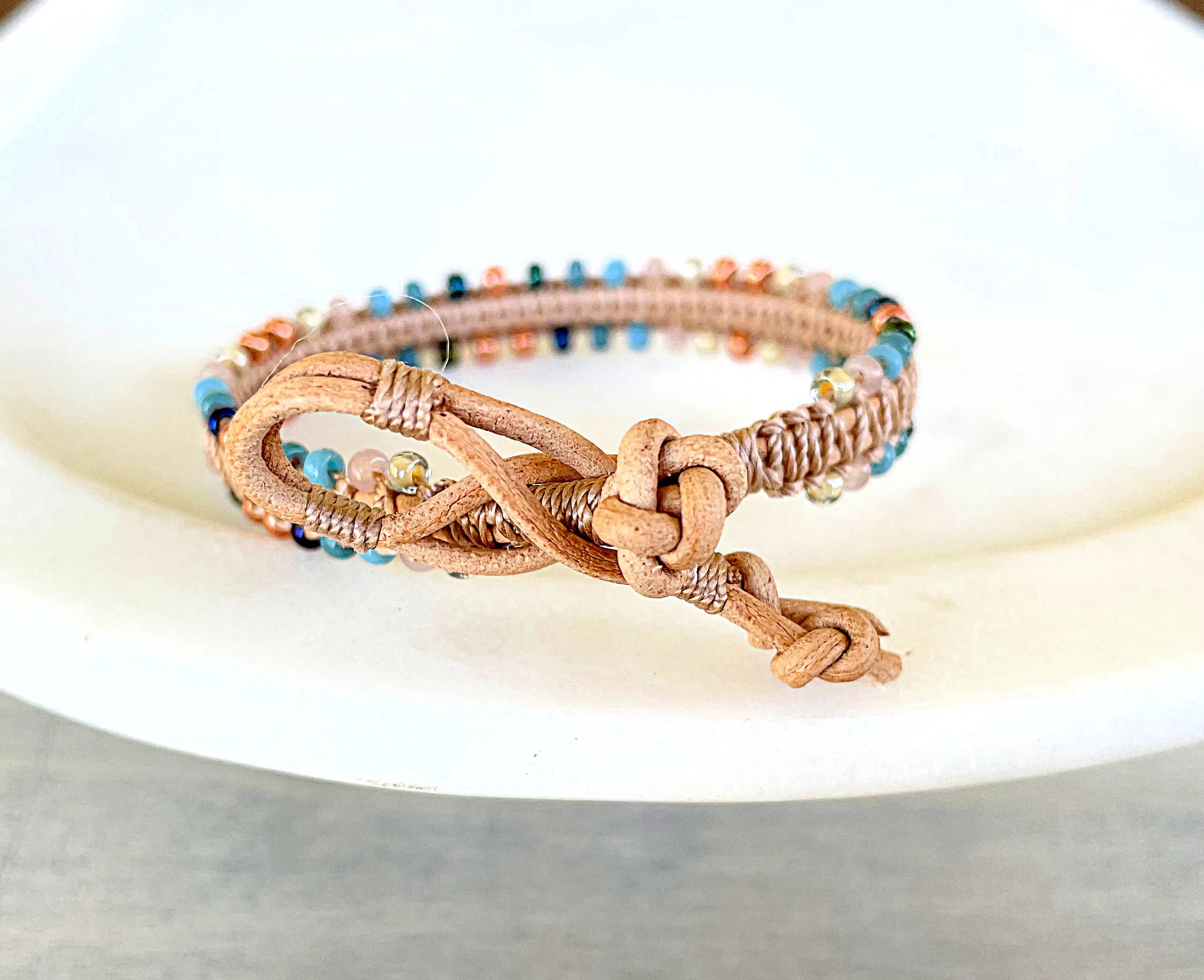 Tan, Rose Gold, and Blue Leather Beaded Macrame Bracelet