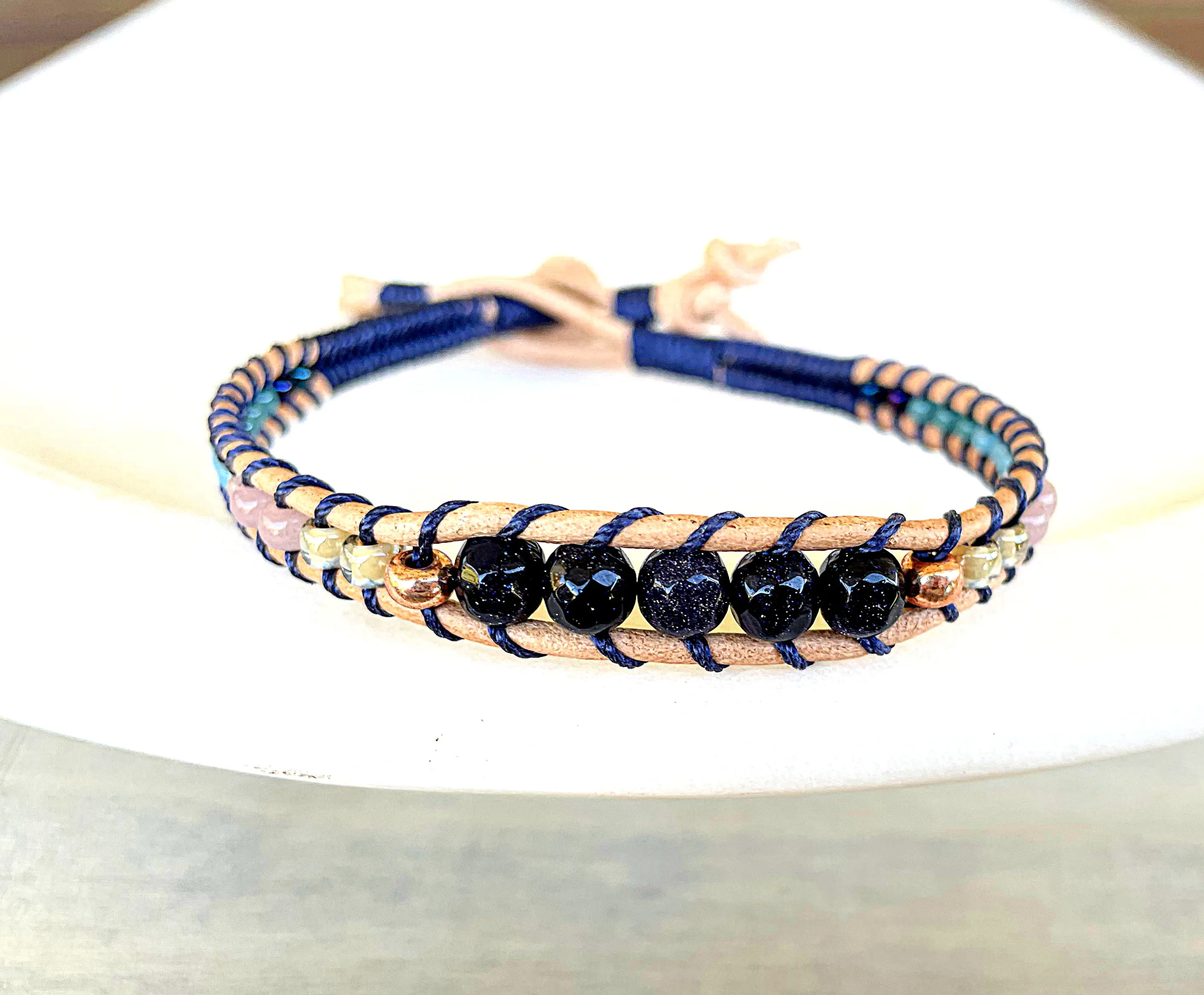 Tan, Rose Gold, and Blue Leather Beaded Macrame Bracelet