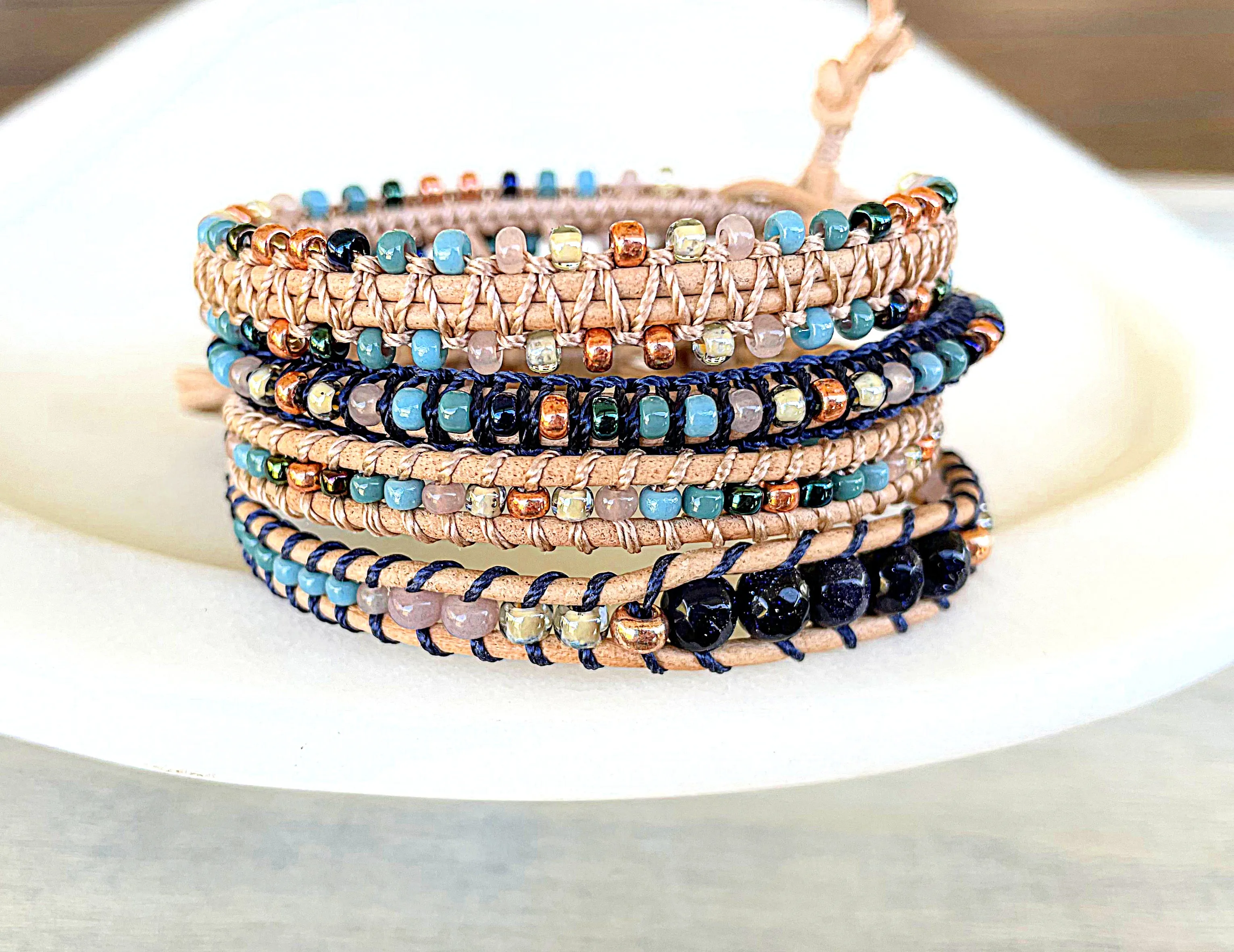 Tan, Rose Gold, and Blue Leather Beaded Macrame Bracelet