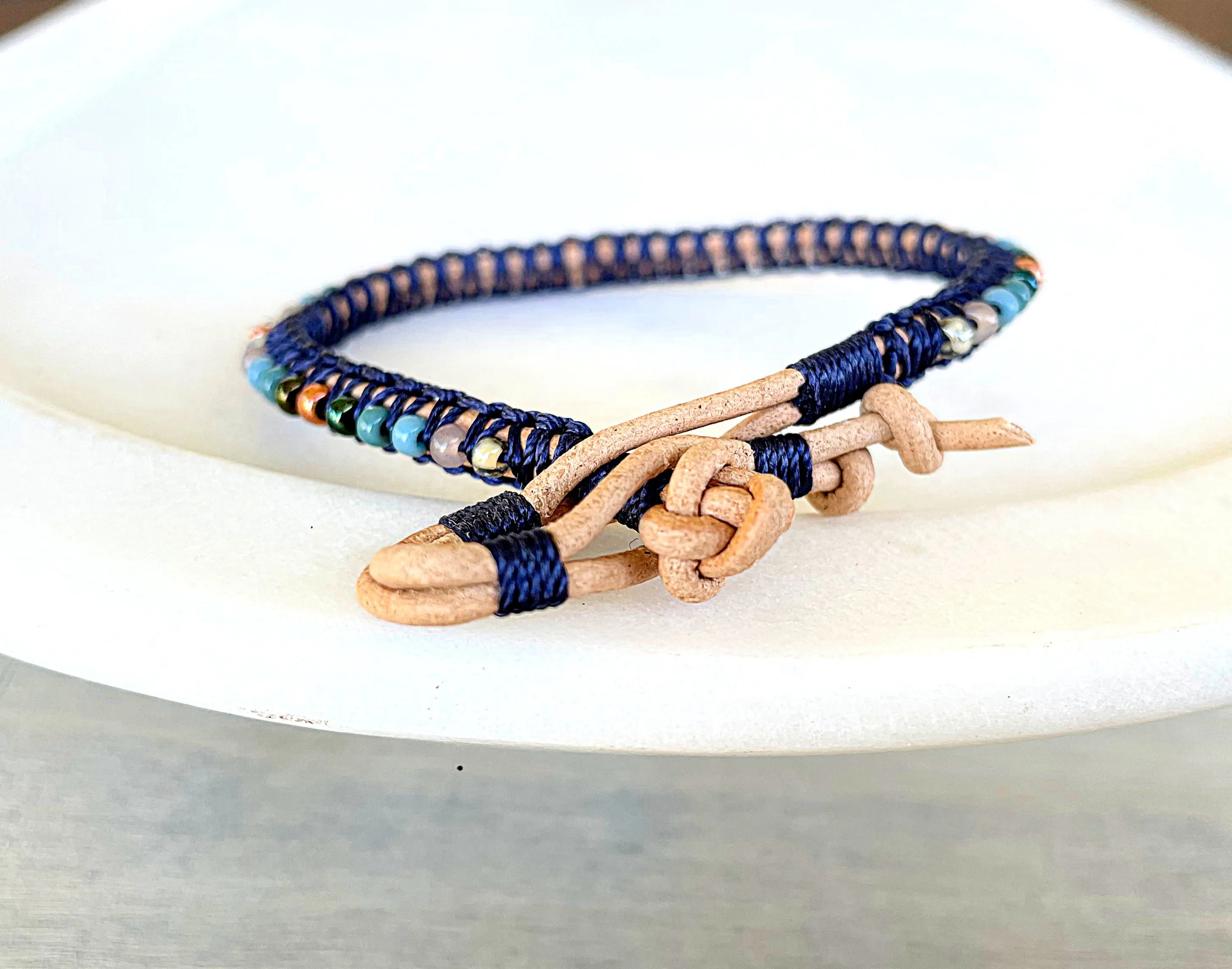 Tan, Rose Gold, and Blue Leather Beaded Macrame Bracelet