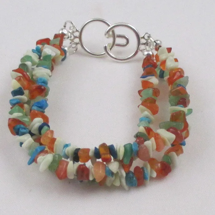 Three Strand Multi Gemstone Chip Bracelet