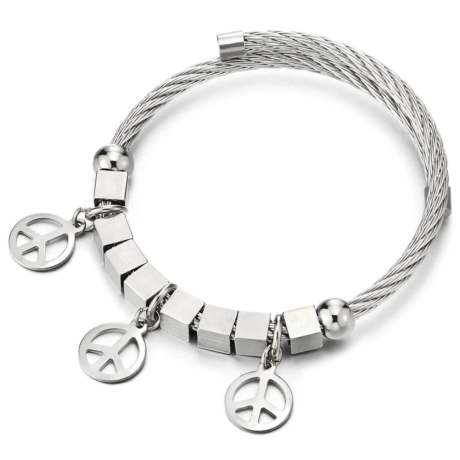 Womens Steel Bangle Cuff Bracelet with Cube Beads Dangling Anti-war Symbol Adjustable